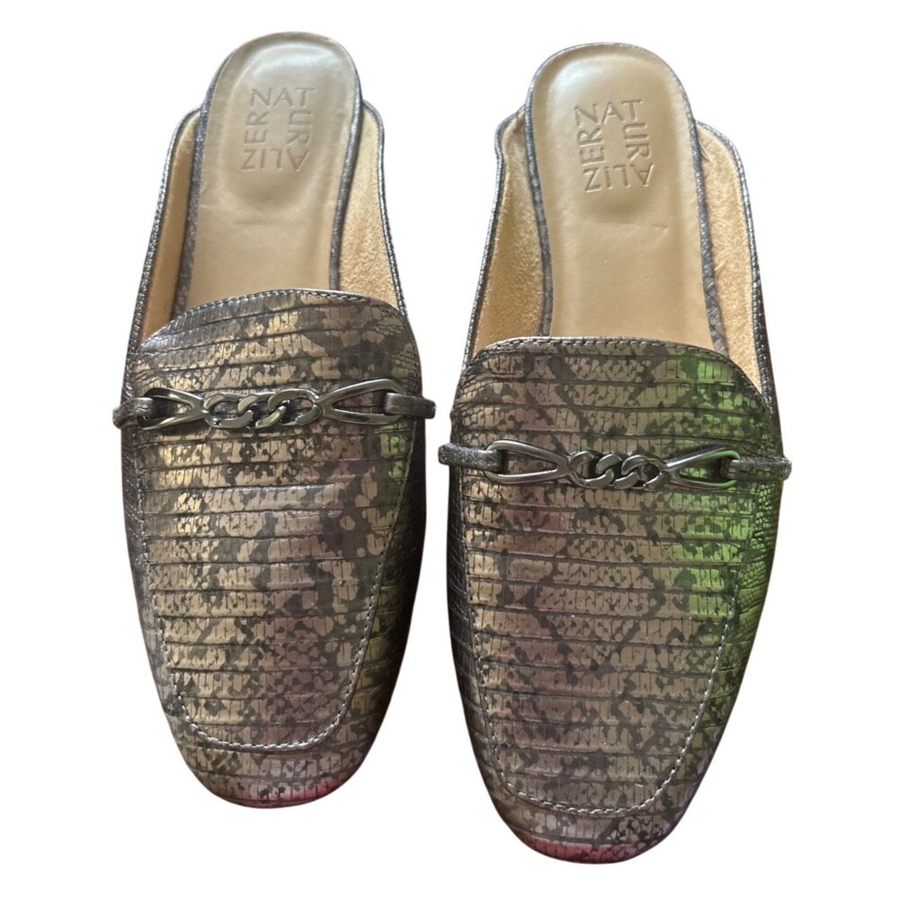 Naturalizer Kayden Womens 7.5 W Metallic Slip-On Loafers Snake Embossed Pattern